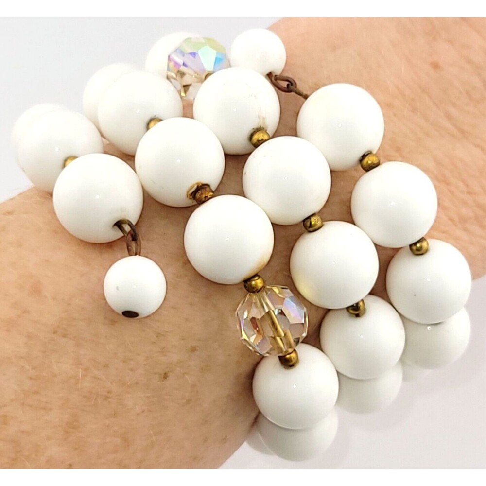 Vintage White Lucite Aurora Borealis AB Crystal Bead 19" Wrap Coil Bracelet